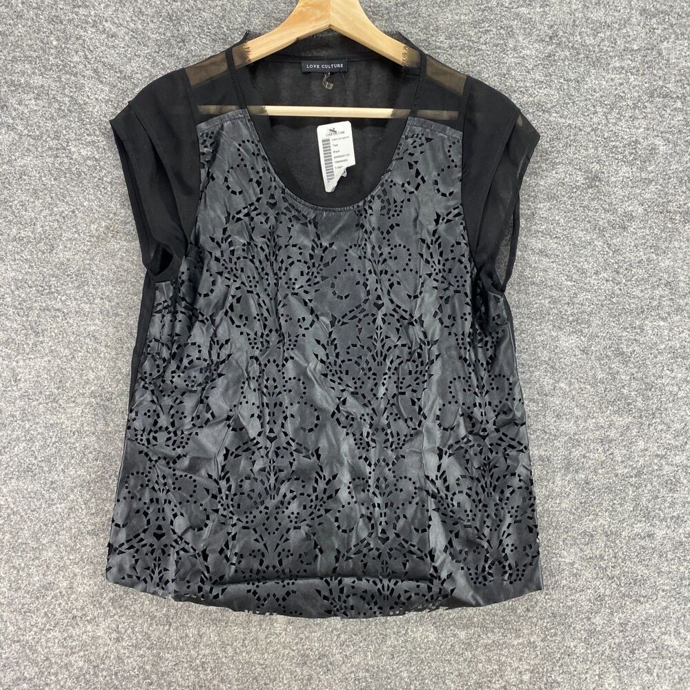 New Love Culture Blouse Women S Small Black Lined Short Sleeve Crochet Casual